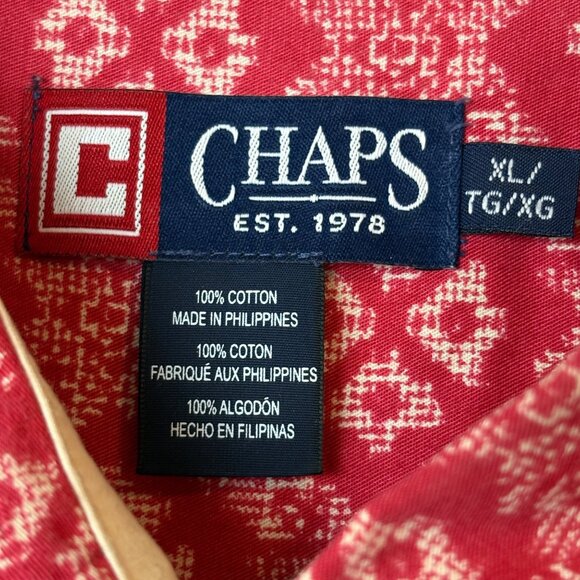 Chaps Mens Red Geometric Print Cotton Short Sleeve Button-Up Shirt XLVibtage Ret - Picture 2 of 6